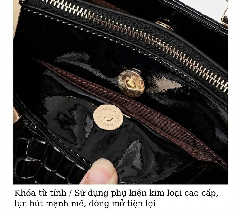 Túi Xách Tay Nữ Vân Cá Sấu Da Bóng Bộ 3 Chiếc Cỡ Lớn Màu Đen chi tiết 14