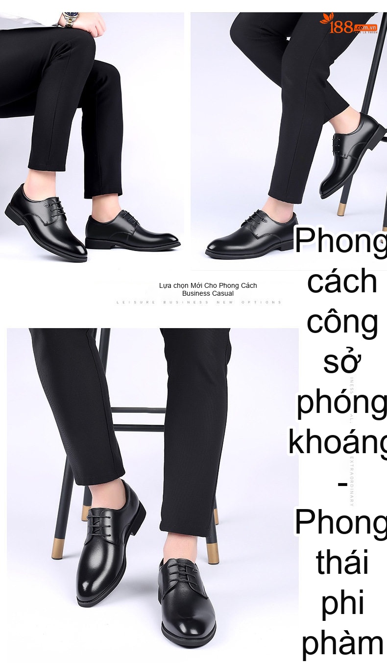 Giày Tây Buộc Dây Nam Da Bò Chiều Cao Đế Khoảng 3cm Màu Đen chi tiết 14