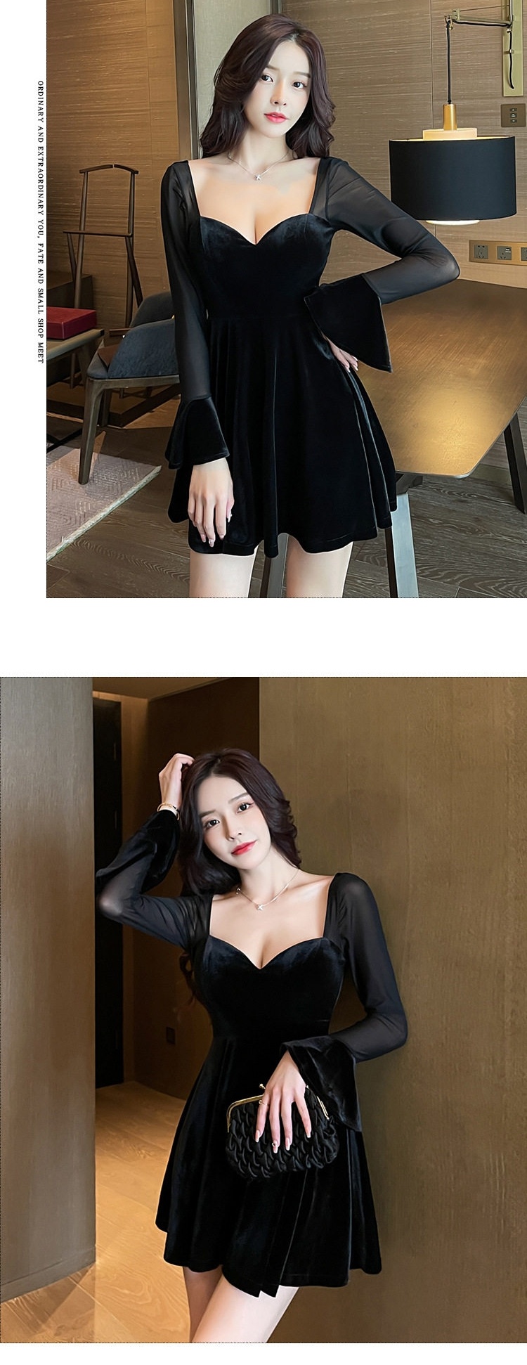 Đầm Nhung Ngắn Chữ A Cổ Chữ V Tay Dài Ôm Dáng Màu Đen chi tiết 7