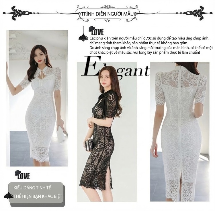 Váy Ôm Body Ren Hoa V Cổ Điển Tay Lỡ Phong Cách Hàn Quốc Màu Trắng, Đen chi tiết 6