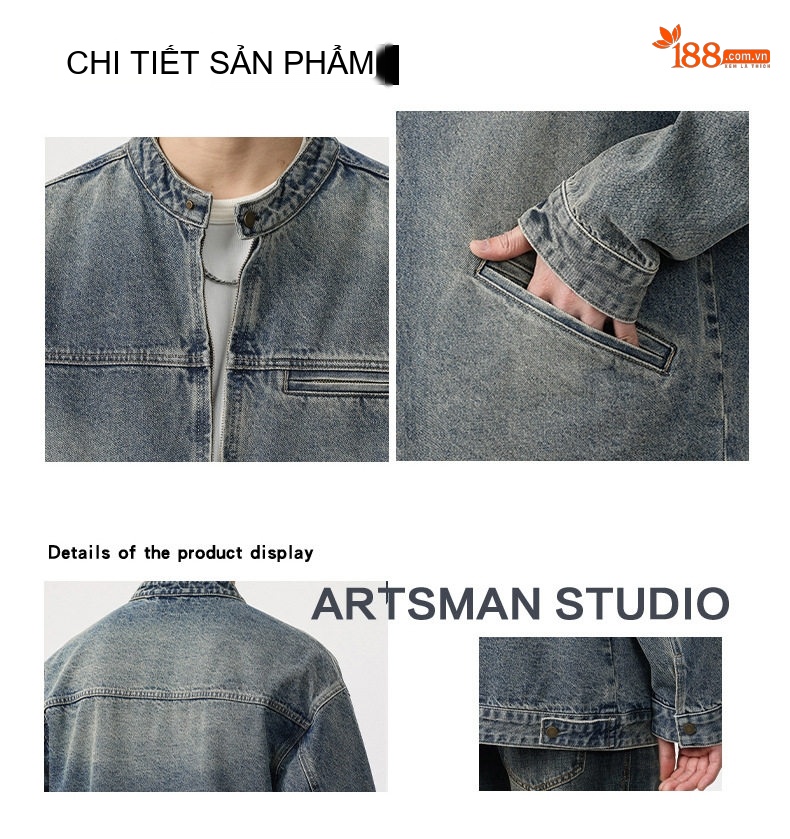 Áo Khoác Jean Nam Cổ Trụ Dáng Suông Rộng Phong Cách Mỹ Retro Màu Xanh Denim chi tiết 4