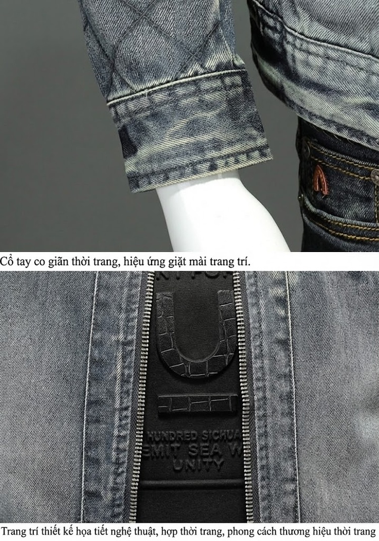Áo Khoác Denim Nam Cổ Trụ Phong Cách Bụi Bặm Màu Xanh Denim chi tiết 9