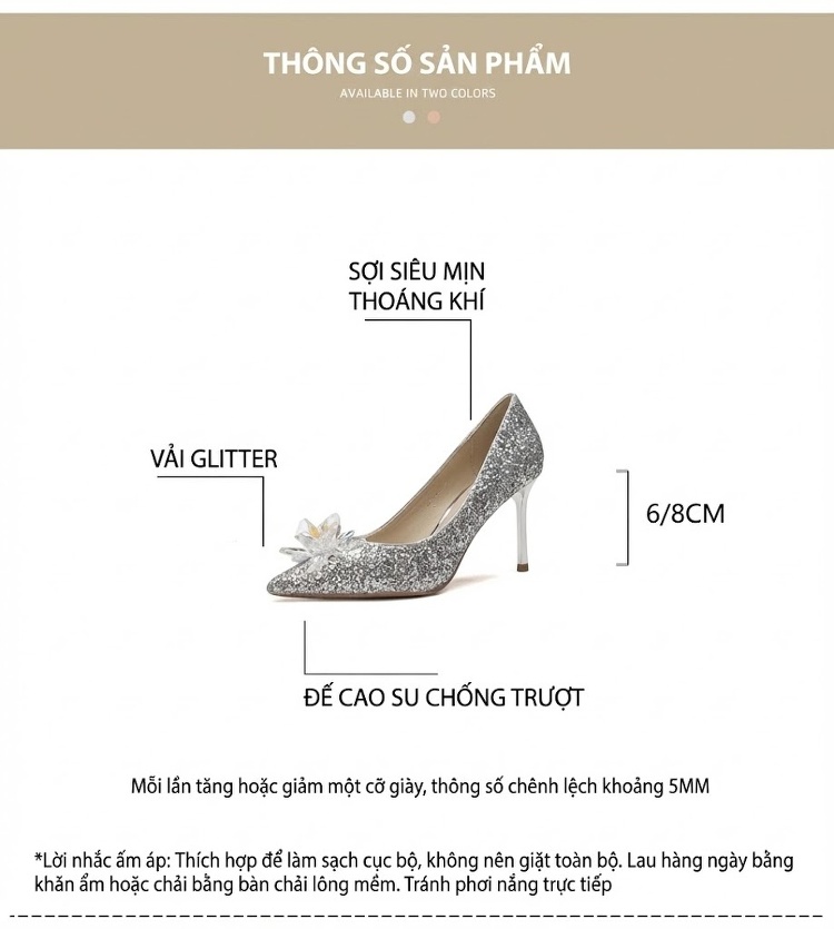 Giày Cao Gót Nữ Mũi Nhọn Đính Đá Chiều Cao Đế 8cm Màu Vàng Gold chi tiết 4