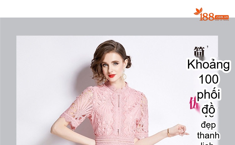 Váy liền thân Nữ Cổ Điển Thêu Họa Tiết Ren Eo Cao Dáng Xòe Màu Hồng chi tiết 8