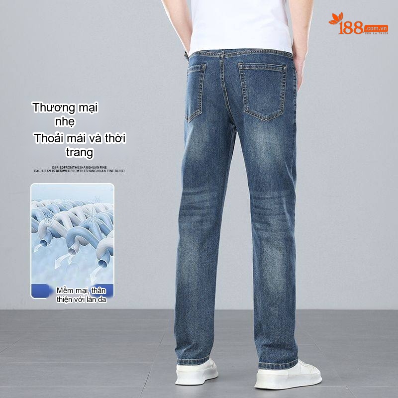 Quần Jean Nam Ống Suông Dáng Rộng Cotton Co Giãn Màu Xanh Nhạt, Xanh Đậm