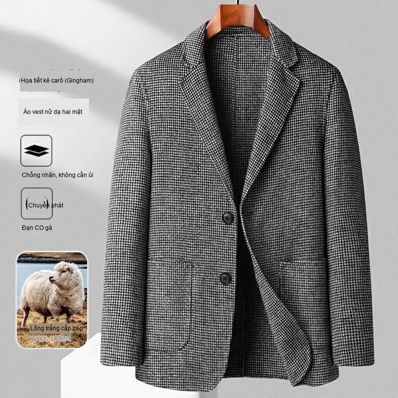 Áo Vest Nam Hai Mặt Dáng Ôm Họa Tiết Kẻ Houndstooth Lông Cừu Màu Nâu, Xám, Xanh Navy, Xám Đậm...