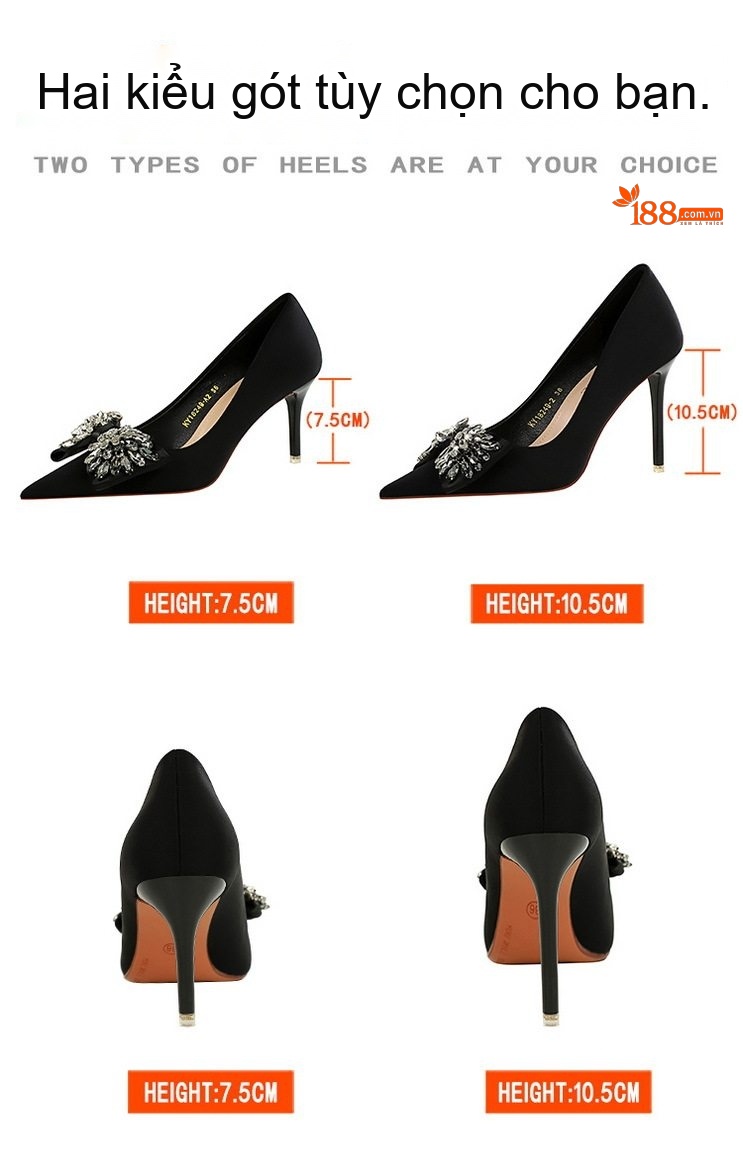 Giày Cao Gót Nữ Mũi Nhọn Quai Ngang Lụa Satin Đính Đá Chiều Cao Đế Khoảng 8cm Màu Đen chi tiết 2