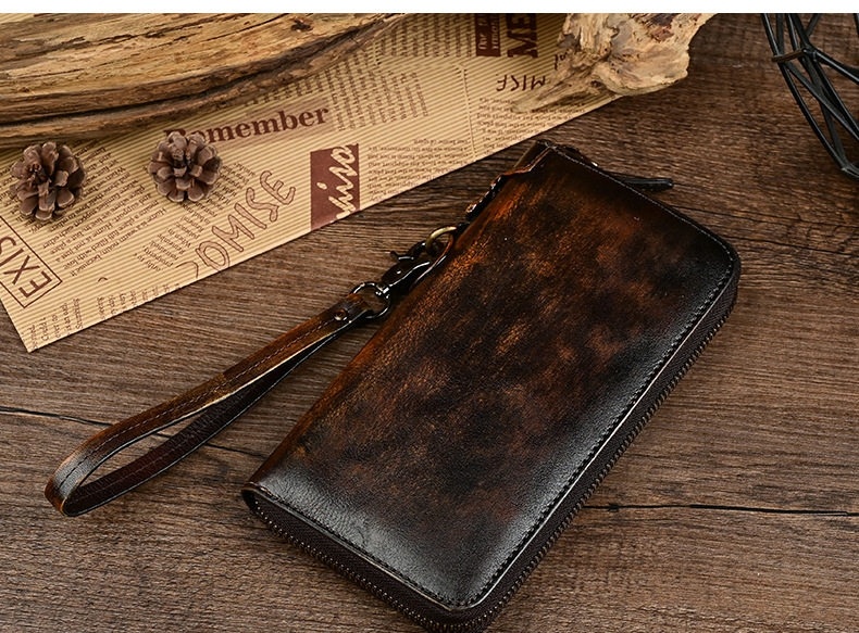 Ví Cầm Tay Nam Da Bò Khóa Kéo Phong Cách Retro Màu Nâu Đen chi tiết 4