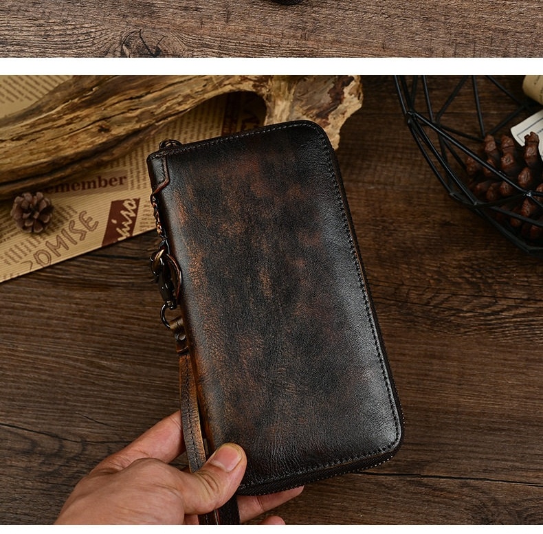 Ví Cầm Tay Nam Da Bò Khóa Kéo Phong Cách Retro Màu Nâu Đen chi tiết 5
