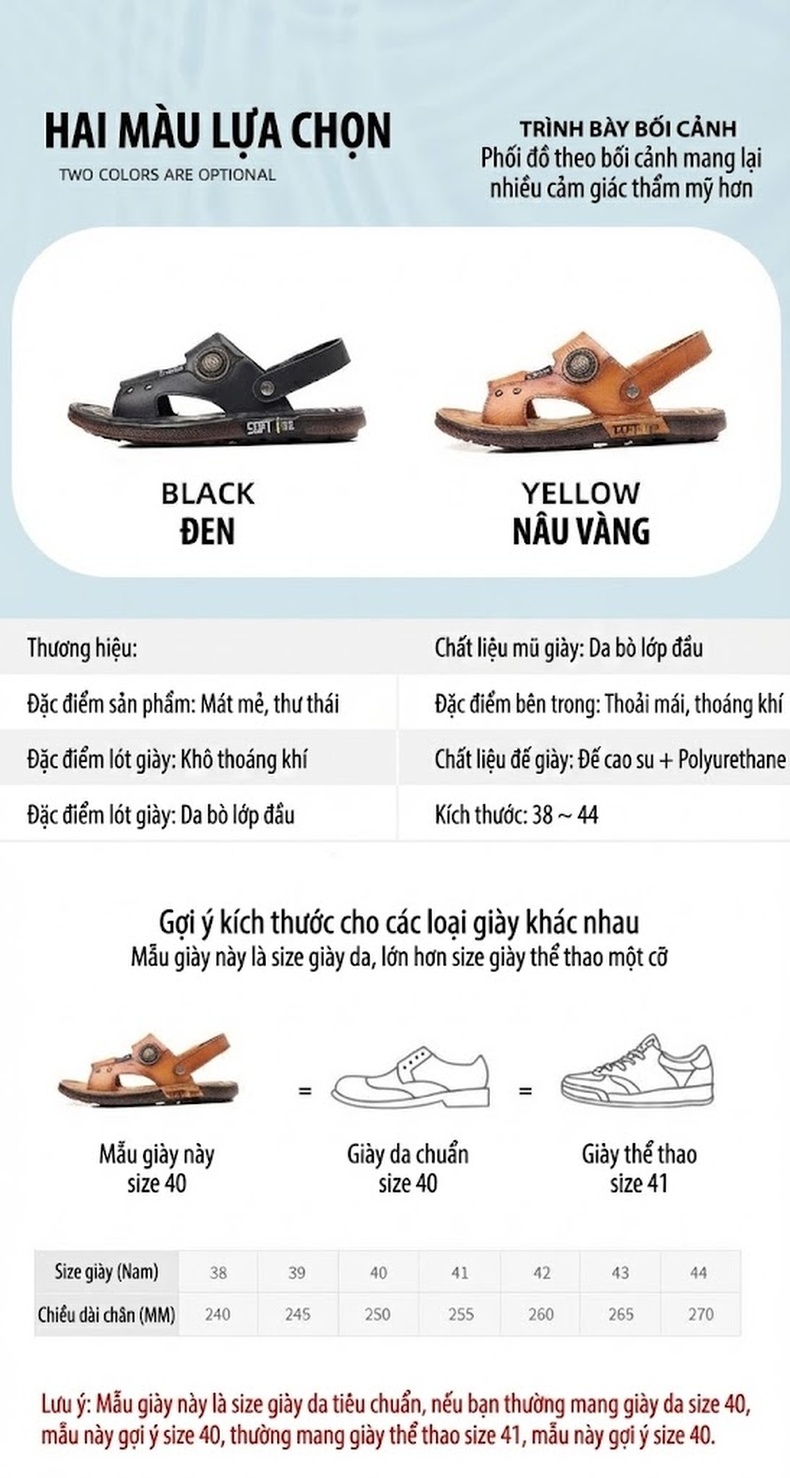 Dép Sandal Nam Da Thật Chống Trượt Thoáng Khí Chiều Cao Đế Khoảng 2cm Màu Nâu, Đen chi tiết 7