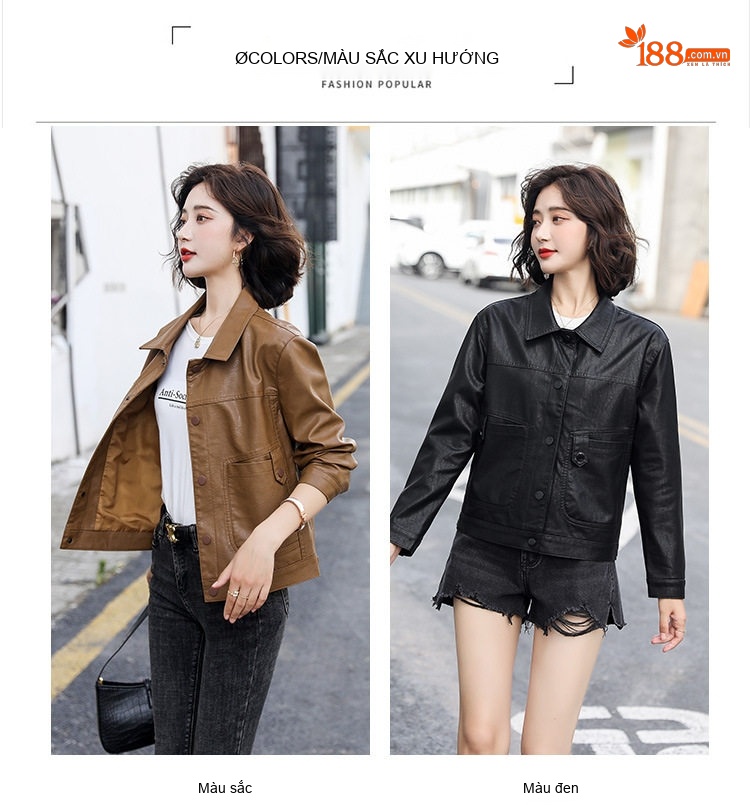 Áo Khoác Da Thật Nữ Kiểu Bomber Ngắn Màu Đen, Nâu chi tiết 11