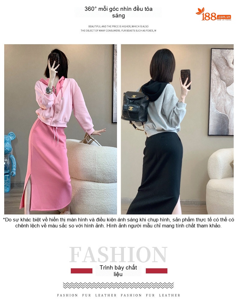 Set Bộ Nữ Áo Hoodie Giả Hai Lớp và Chân Váy Dáng Ôm Năng Động Màu Hồng, Xám, Đen chi tiết 3