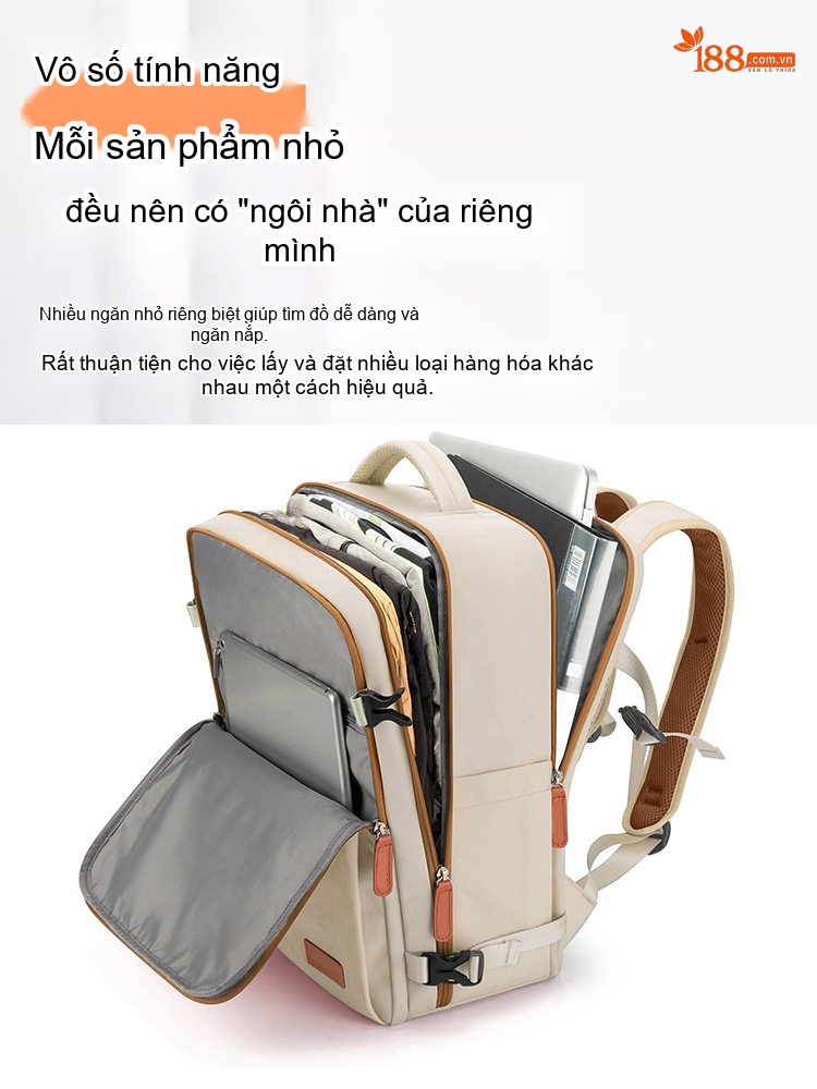 Balo Laptop Du Lịch Vải Bố Đa Năng Sức Chứa Lớn Màu Kem, Nâu chi tiết 6