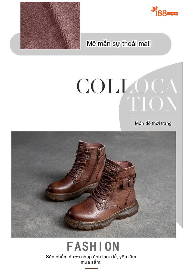 Boot Martin Nữ Da Bò Cổ Thấp Buộc Dây Chiều Cao Đế Khoảng 3.5cm Màu Đen, Nâu chi tiết 6