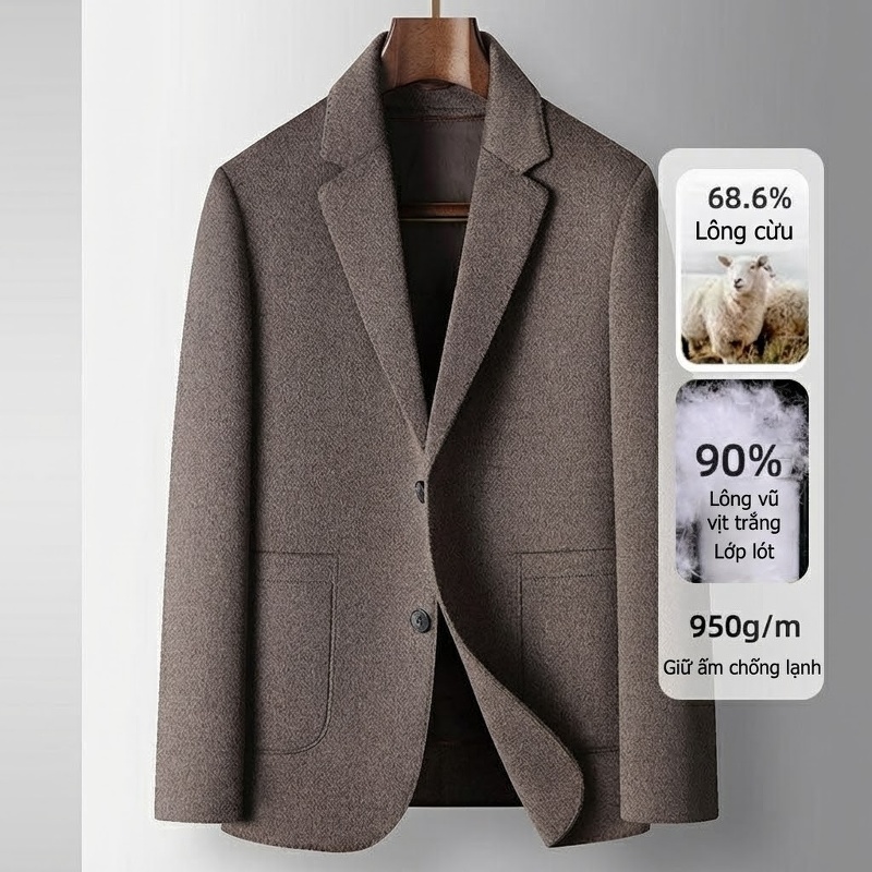 Áo Blazer Nam Cao Cấp Thu Đông Lông Cừu Lót Lông Vũ Màu Nâu, Xám