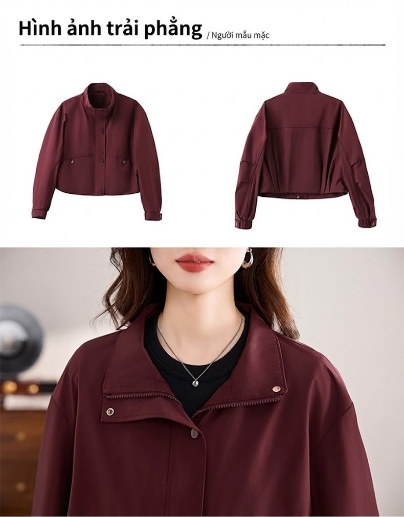 Áo Khoác Bomber Nữ Kiểu Dáng Croptop Cổ Trụ Tay Bồng Màu Đỏ Angola, Đen chi tiết 31