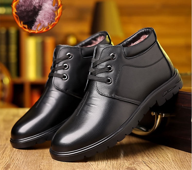 Giày Da Thật Nam Cổ Cao Lót Lông Cừu Mùa Đông Chống Trượt Chiều Cao Đế Khoảng 3cm Màu Đen chi tiết 9