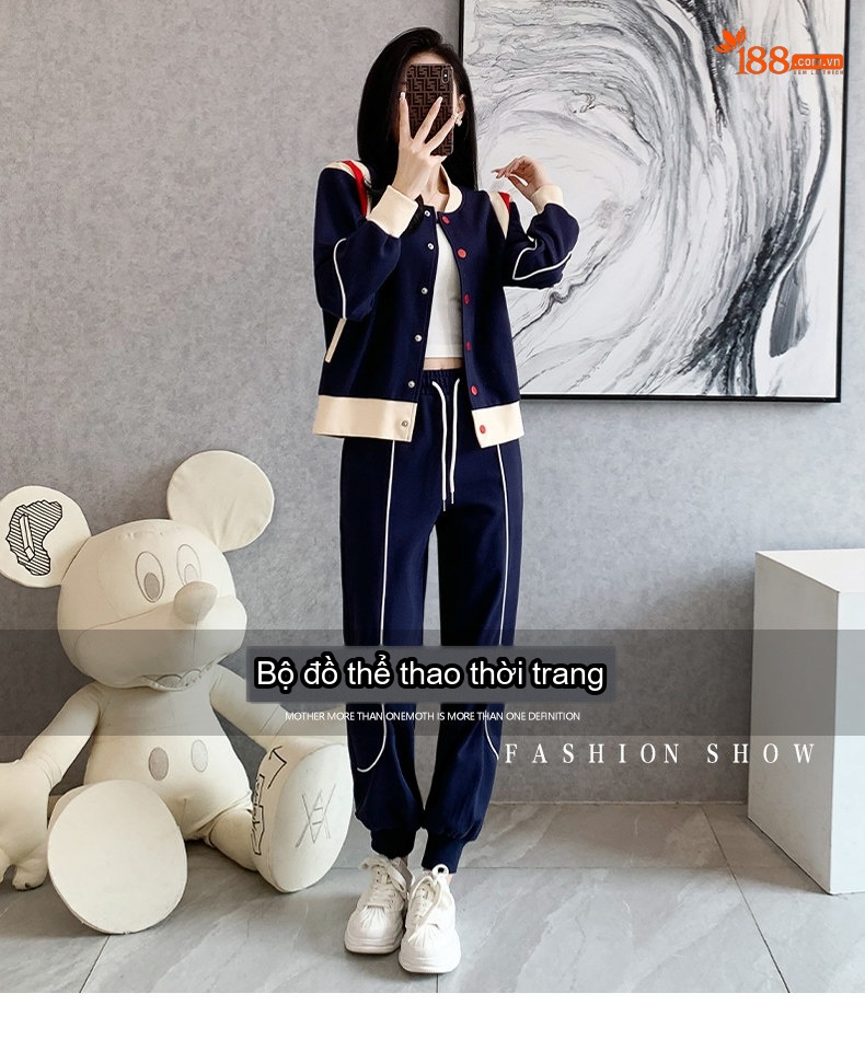 Set Bộ Thể Thao Nữ Áo Khoác Bomber Quần Dài Phong Cách Cá Tính Màu Xanh Navy chi tiết 1