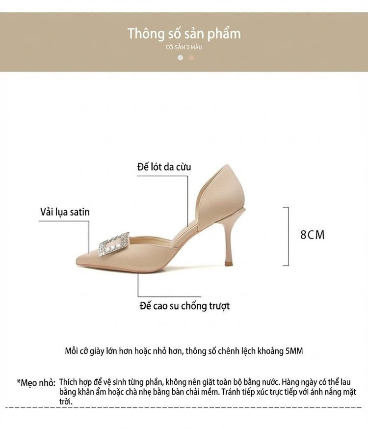 Giày Cao Gót Nữ Da Cừu Mũi Nhọn Khóa Vuông Đính Đá Chiều Cao Đế Khoảng 6cm Màu Kem, Đen chi tiết 4