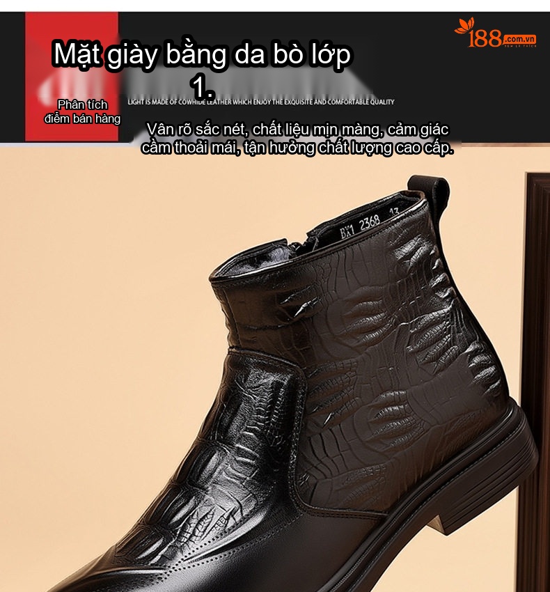 Boot Martin Nam Da Bò Lớp Đầu Lót Lông Cừu Cao Cổ Chiều Cao Đế Khoảng 3cm Màu Đen, Đỏ Rượu chi tiết 4