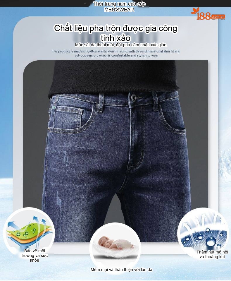 Quần Jean Nam Dáng Ôm Vừa Vặn Co Giãn Nhẹ Màu Xanh Đậm chi tiết 3