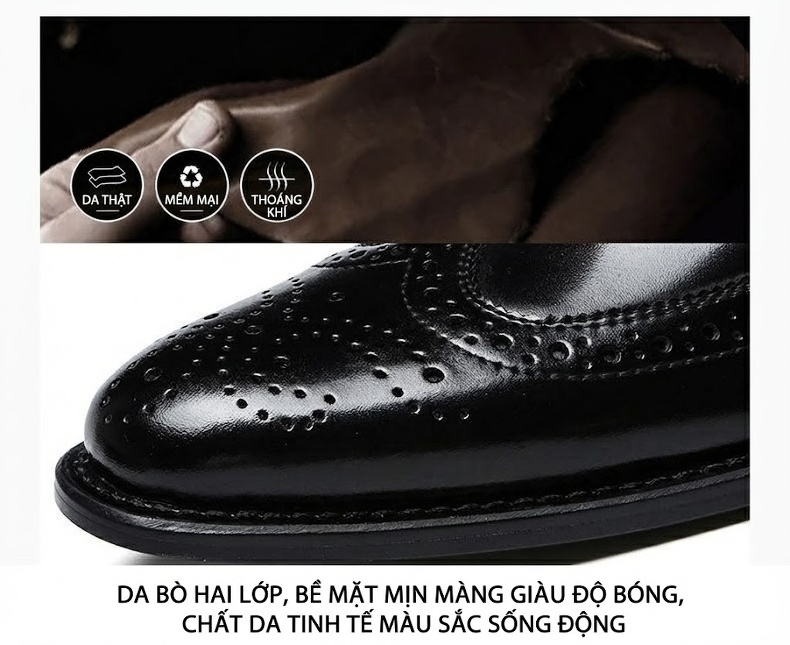 Giày Tây Buộc Dây Nam Da Thật Brogue Chiều Cao Đế Khoảng 3cm Màu Đen, Nâu chi tiết 7