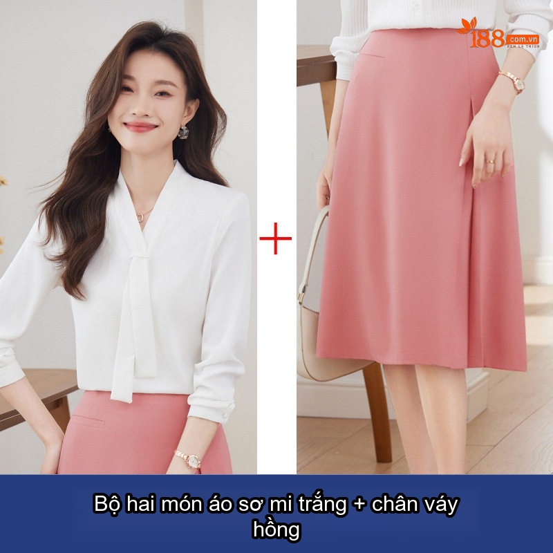 Áo Sơ Mi Nữ Cổ chữ V Chữ V Thắt Nơ Tay Dài Phong Cách Công Sở Màu Trắng, Xanh Navy