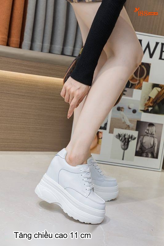 Giày Sneaker Nữ Da Thật Đế Cao 11cm Giày Nữ Cột Dây Màu Trắng, Đen chi tiết 8