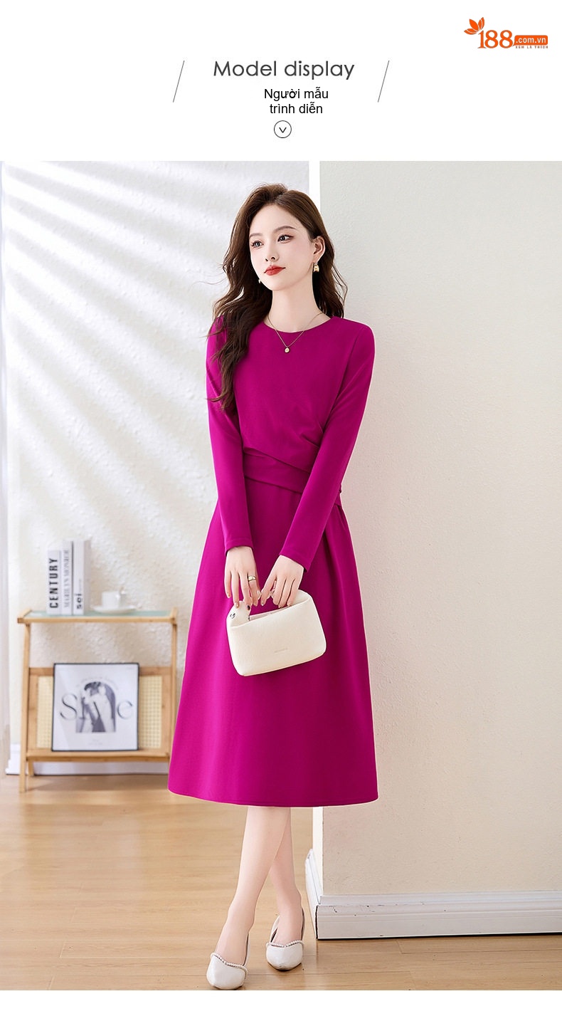 Váy Đầm Nữ Tay Dài dáng chữ A Che Bụng Tôn Dáng Thanh Lịch Màu Hồng Tím chi tiết 14