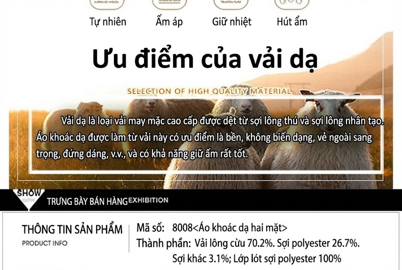 Áo Khoác Dạ Nam Dáng Dài Double Breasted Chất Liệu Lông Cừu Màu Đen, Nâu, Xám chi tiết 5