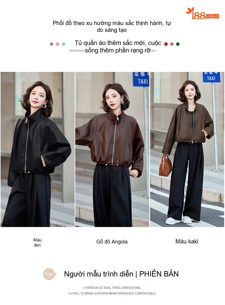 Áo Khoác Da Ngắn Tay Lỡ Dáng Bomber Phong Cách Hàn Quốc Màu Nâu, Đen chi tiết 3