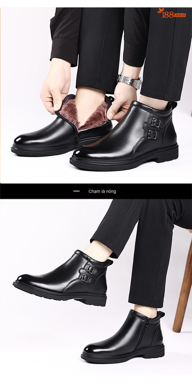 Giày Chelsea Nam Da Thật Lót Lông Cừu Mũi Nhọn Chiều Cao Đế Khoảng 3cm Màu Đen, Nâu chi tiết 9