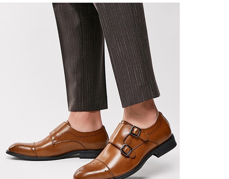 Giày Tây Monk Strap Nam Da Bóng Brogue Chiều Cao Đế Khoảng 3cm Màu Đen chi tiết 14
