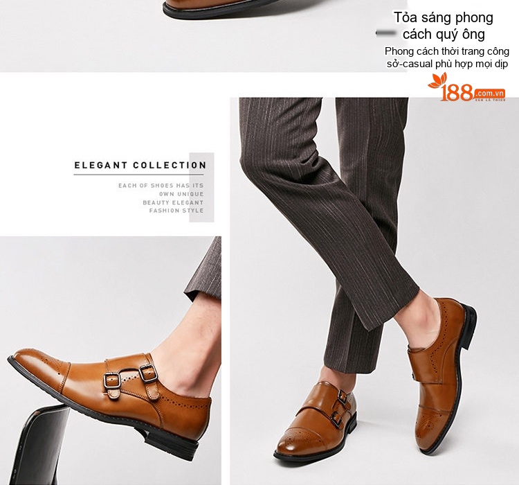 Giày Tây Monk Strap Nam Da Bóng Brogue Chiều Cao Đế Khoảng 3cm Màu Đen chi tiết 15