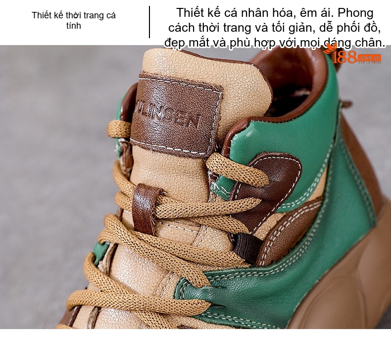 Giày Boot Nữ Da Bò Cổ Cao Thắt Dây Chiều Cao Đế Khoảng 5cm Màu Nâu, Vàng Be, Xanh Lá chi tiết 7