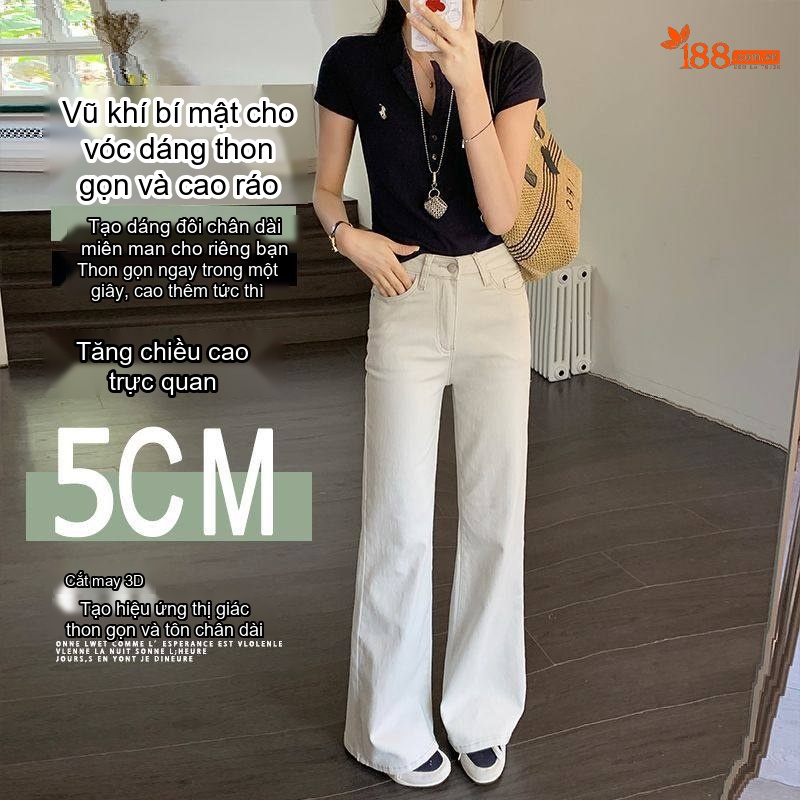 Quần Jean Nữ Ống Loe Rộng Lưng Cao Dáng Suông Màu Trắng Kem