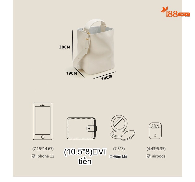 Túi Đeo Vai Nữ Da Bò Dáng Bucket Lớn Phong Cách Thời Trang Màu Kem chi tiết 9