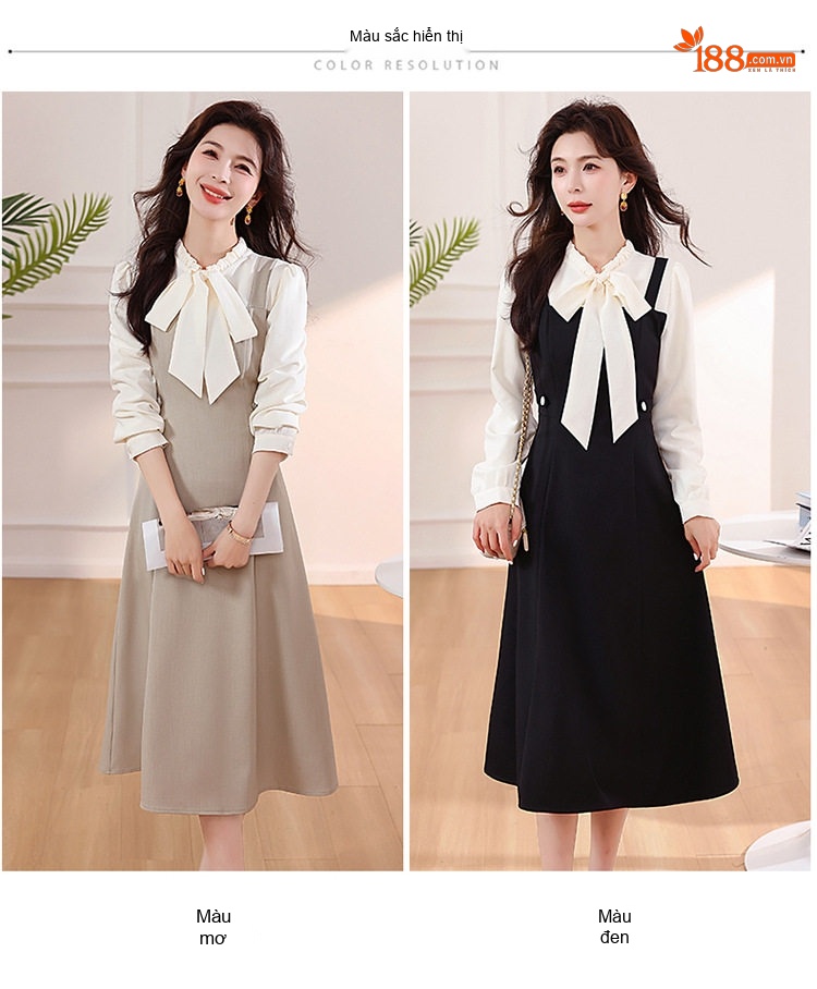 Váy Yếm Nữ dáng chữ A Giả Hai Lớp Phong Cách Hàn Quốc Màu Be, Đen chi tiết 8