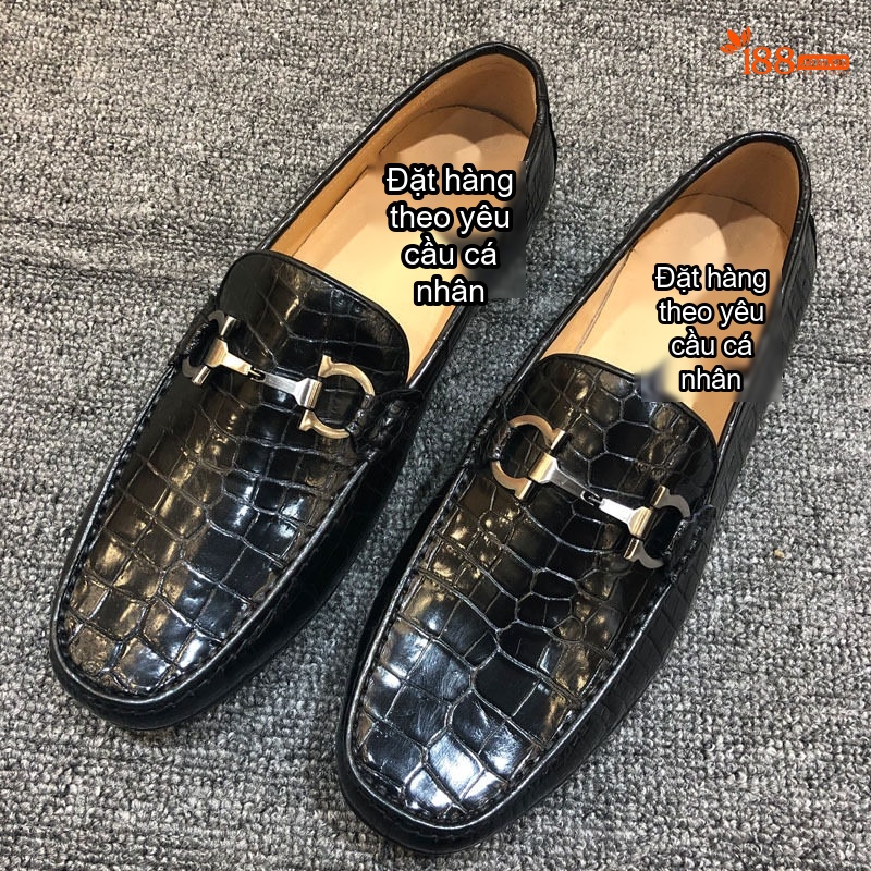 Giày Lười Nam Da Bụng Cá Sấu Chiều Cao Đế Khoảng 2cm Màu Đen