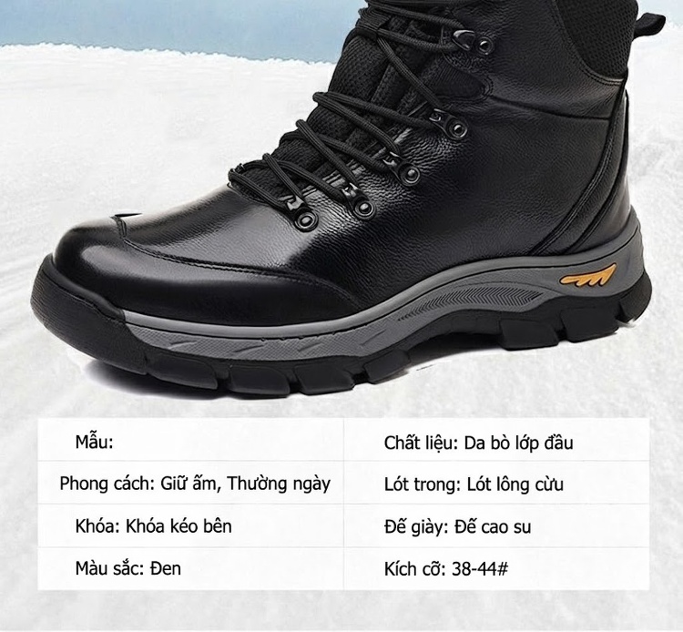 Giày Cao Cổ Nam Da Bò Lót Lông Giữ Ấm Chiều Cao Đế Khoảng 4cm Màu Đen chi tiết 9