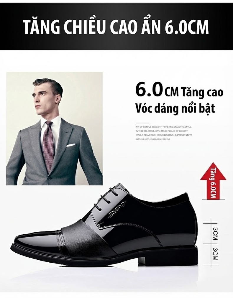 Giày Tây Buộc Dây Nam Da Bóng Chiều Cao Đế 6cm Màu Đen chi tiết 4