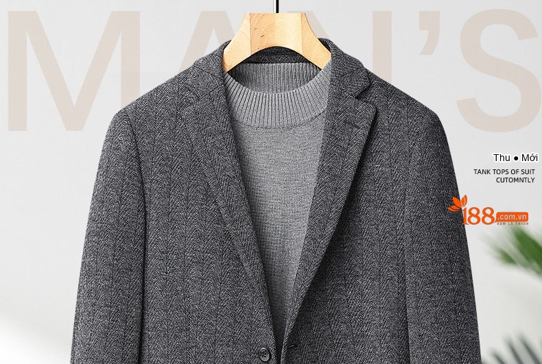 Áo Vest Nam Wool Lông Cừu Họa Tiết Xương Cá Dáng Ôm Chống Nhăn Màu Xám chi tiết 1