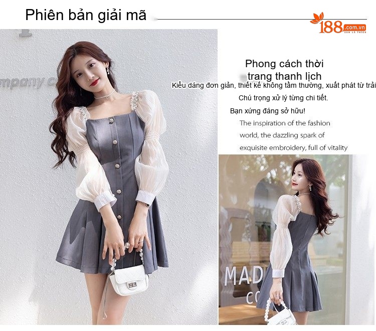 Váy Chữ A Cổ chữ Vuông Tay Bồng Chiết Eo Phong Cách Tiểu Thư Màu Đen, Xám chi tiết 1