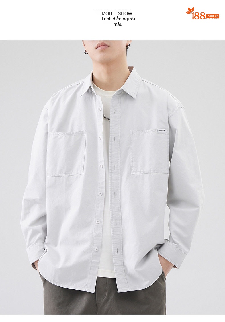 Áo Sơ Mi Dài Tay Nam Cotton Dáng Rộng Phong Cách Retro Màu Xanh Navy, Trắng chi tiết 5