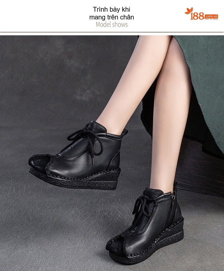 Boot Nữ Da Bò Cổ Ngắn Đế Xuồng Chiều Cao Đế Khoảng 4cm Màu Đen, Nâu chi tiết 8