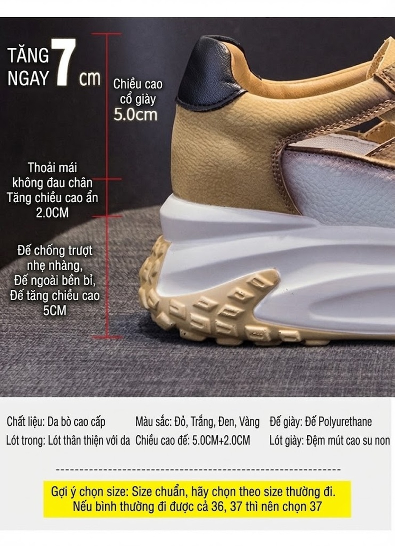 Giày Sneaker Nữ Da Thật Lỗ Thoáng Khí Đế Dày Chiều Cao Đế Khoảng 5cm Màu Đỏ, Trắng, Vàng, Đen... chi tiết 5