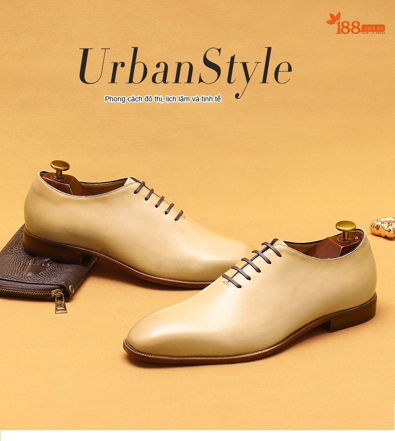 Giày Tây Oxford Buộc Dây Nam Da Bò Chiều Cao Đế Khoảng 3cm Màu Xanh Lá, Vàng Be chi tiết 1