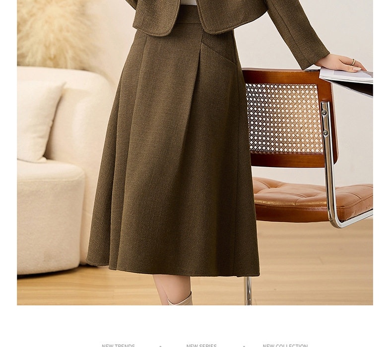 Set Áo Khoác Lửng Tay Dài Vải Flanel Chần Bông Và Chân Váy Midi Phong Cách Tiểu Thư Màu Nâu Đỏ, Xanh Rêu chi tiết 22