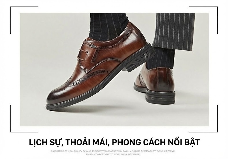 Giày Tây Brogue Nam Da Bóng Chiều Cao Đế Khoảng 3cm Màu Đen, Nâu chi tiết 13