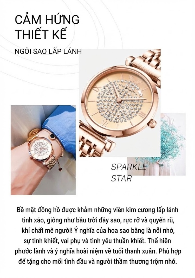 Đồng Hồ Nữ LONGBO Mặt Tròn Đính Đá Dây Kim Loại Màu Hồng, Bạc chi tiết 2